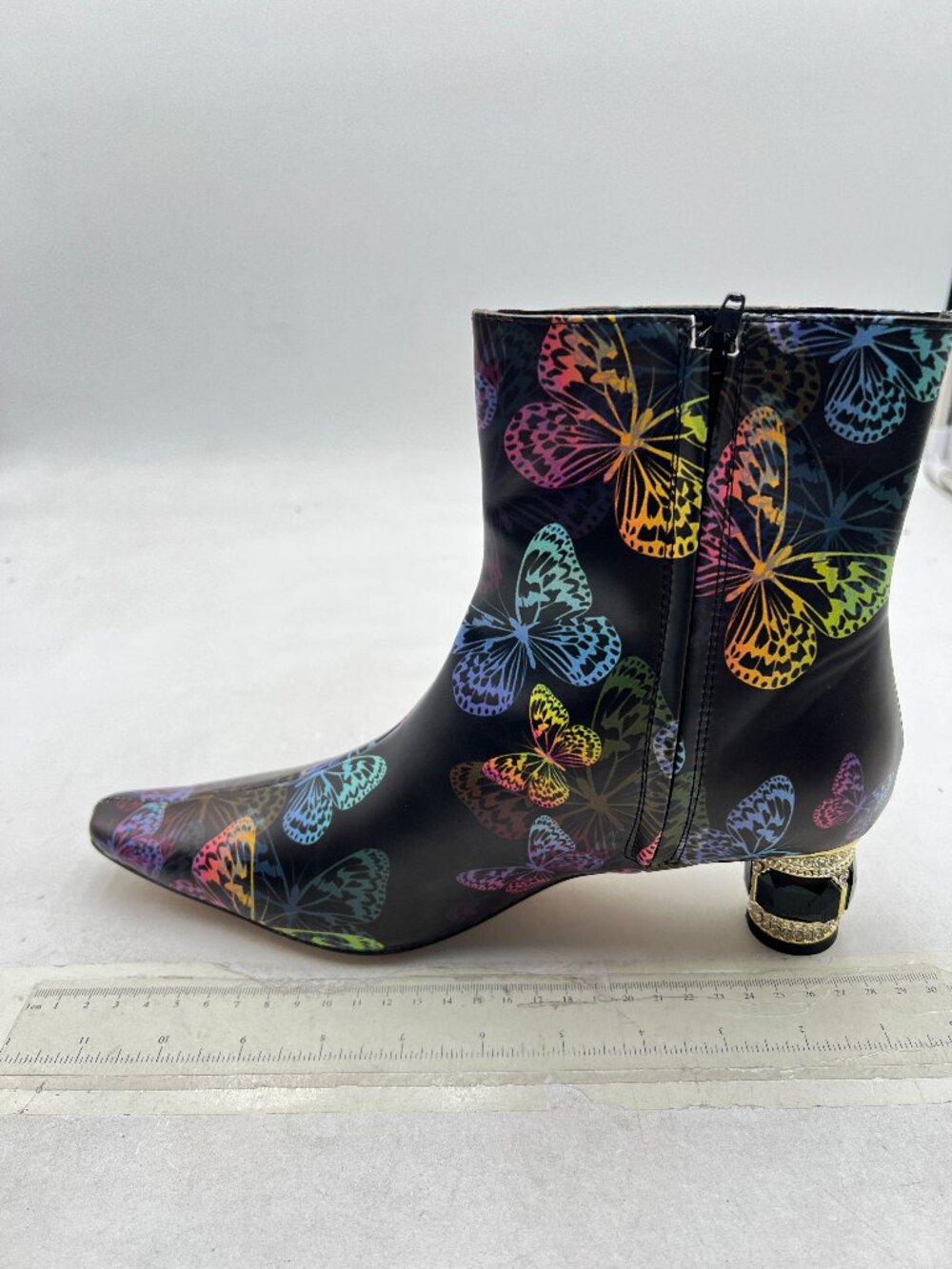 Butterfly Women Round Toe Crystal Block Low Heel Ankle Boots Side Zipper Shoes